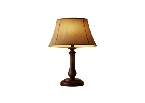 Elegant wooden table lamp with beige shade isolated on transparent background