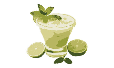 Refreshing Margarita Cocktail with Lime and Mint, Lemonade, Mint Margarita, Limeade Summer Drink Illustration Vector.