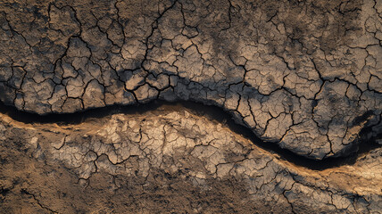 Cracked earth aerial view with dry riverbed patterns, drought landscape theme, natural top-down sunlight