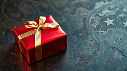 Wrapped red gift with gold ribbon on decorative surface