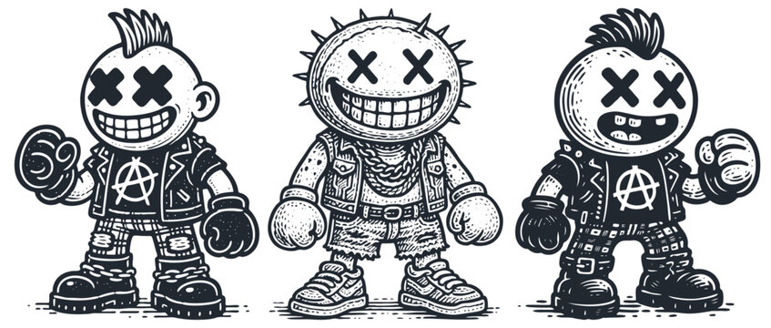 Monochrome vector set of three punk rock cartoon characters. Edgy design with X-eyes, mohawks, anarchy symbols, and wide grins. Cool sketch style.