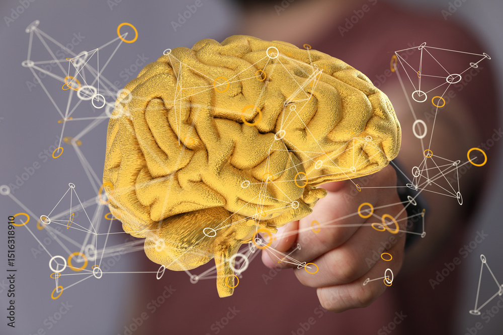 Poster 3d golden brain model,concept of human intelligence, neural networks, and cognitive processes.