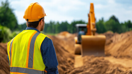 Construction worker in reflective safety vest overseeing excavation work, heavy machinery surrounding concrete foundation area