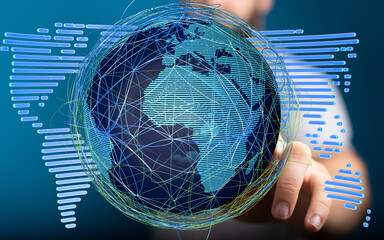 Hand interacting with a digital globe, illustrating global connectivity and networking.