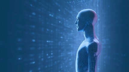 Futuristic digital human figure in profile, composed of glowing particles and data streams, representing technology, innovation, and the intersection of humanity and artificial intelligence