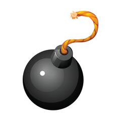 Black cartoon round bomb with fuse, classic explosive icon. Vector cartoon illustration