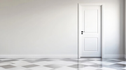 Minimalist white interior with checkered flooring, sleek white door highlighting clean design aesthetic and contemporary spatial composition