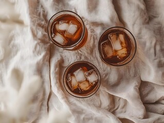 Refreshing Iced Tea with Ice Cubes on Soft Fabric Background