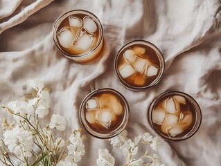 Refreshing Iced Beverages with Ice Cubes on a Soft Fabric Background