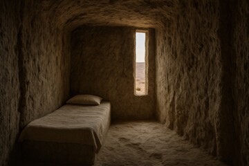 Tranquil desert cave retreat with cozy interior and scenic window view