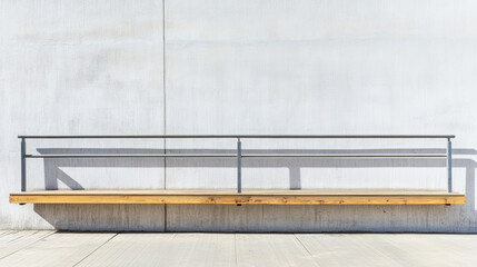 Sunlit metal and wooden bench attached to concrete wall, creating geometric shadow with minimalist architectural design