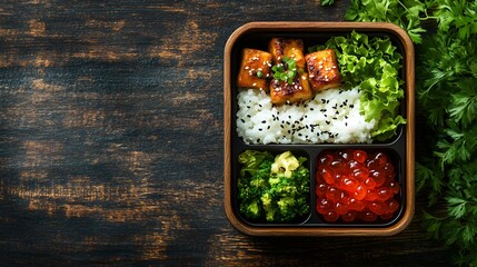 Delicious Bento Box with Grilled Fish, Rice, and Fresh Vegetables
