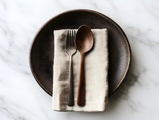 Elegant Table Setting With Wooden Spoon and Fork on Marble Surface