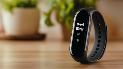 Sleek fitness tracker screen highlighting water intake reminder, promoting hydration tracking with smart wellness technology