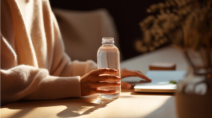 Female freelancer drinking from transparent reusable water bottle, working at desk with laptop, soft lighting, comfortable workspace