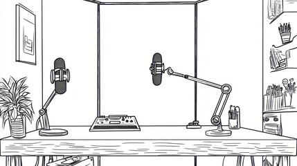 Black and white sketch of a home podcasting studio