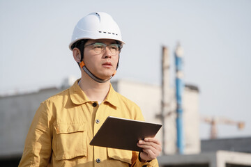 asian male engineer working  with digital tablet in oil refinery