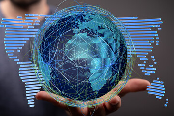 Hand holding a digital globe, illustrating global connectivity and networking.