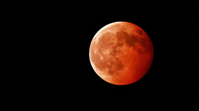 Glowing red blood moon eclipsing, illuminating dark nightscape with minimalist astronomical photography technique