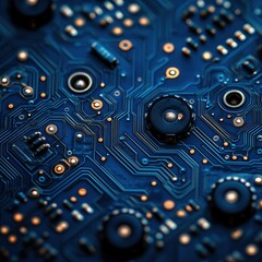 Fototapeta premium A detailed, high-resolution close-up of a blue circuit board, showcasing complex electronic pathways and various components with subtle orange highlights.
