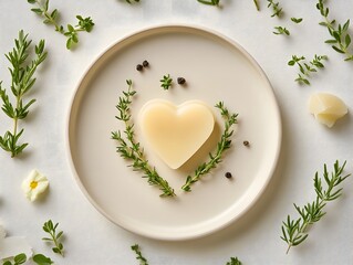 Heart-Shaped Soap Surrounded by Fresh Herbs and Floral Accents