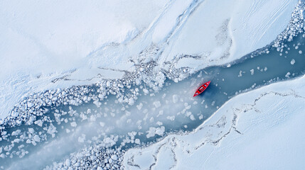 Overhead perspective of red canoe navigating frozen river, surrounded by snow covered landscape and floating ice fragments