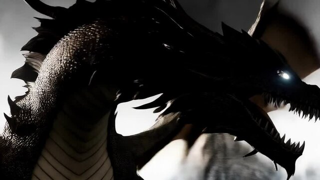 Majestic dragon silhouette emerges from dense fog at dusk, capturing the essence of ancient lore and fantasy realms