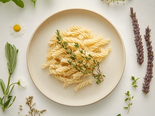 Fresh Pasta with Herbs Surrounded by Greenery and Flowers