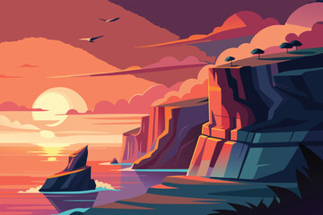 Dramatic Coastal Cliffs at Sunset &ndash; Vector Landscape Illustration
