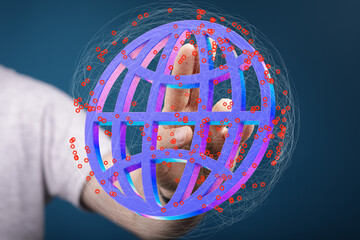 A hand interacts with a 3D holographic global network, symbolizing connection and technology.