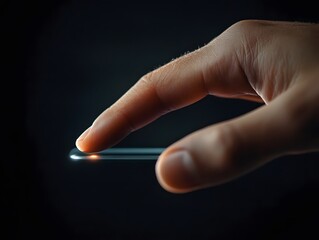 Delicate Touch of a Finger on a Light Source in Dark Background