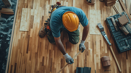 Worker Installing Wooden Flooring with Tools and Safety Gear