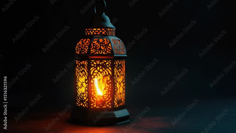 Poster a lit lantern sitting on a table, perfect for adding warmth and ambiance to any scene
