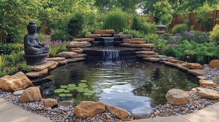 Tranquil zen waterfall chinese garden pond design inspiration featuring Buddha statue and natural stone landscaping