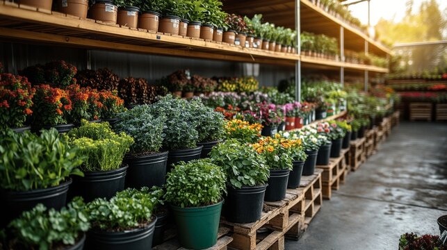 Vibrant nursery greenhouse showcasing colorful flowers and plants in various pots from home depot garden pots under warm sunlight