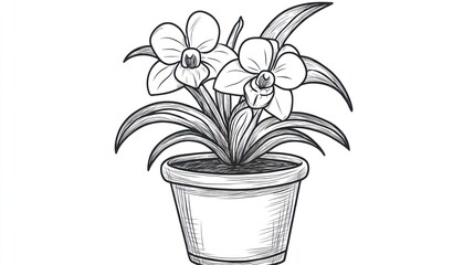 Black and white line drawing of an orchid plant in a pot