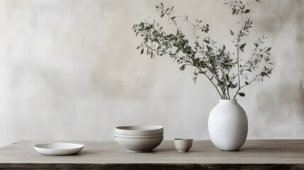 Light gray ceramic tableware and a vase with branches.
