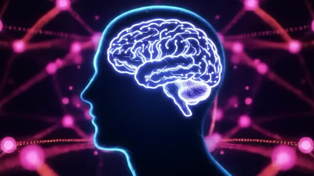 Futuristic AI Human Profile with Glowing Brain and Neural Network Background &ndash; Digital Intelligence Visualization