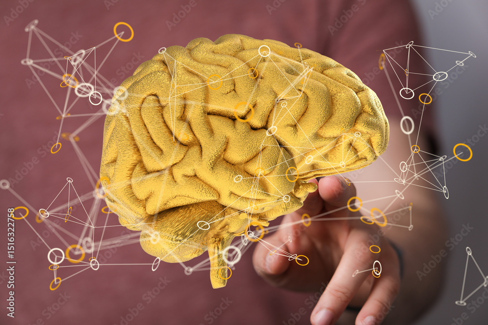Poster Abstract image of a golden brain with connecting lines, representing neural networks and intellect.