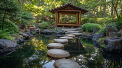 A serene Japanese-style garden scene, featuring a wooden pavilion with a sloped roof 