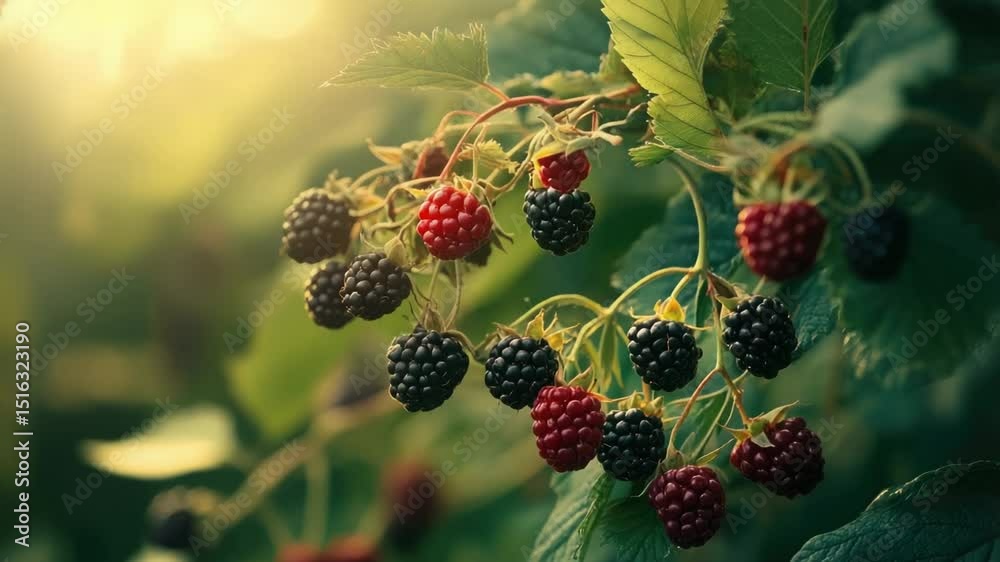 Poster close-up shot of multiple berries growing on a tree branch, suitable for food or nature-themed illus
