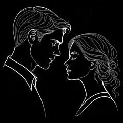 Minimalistic face line art couple man and woman. Male and female. Vector illustration. Black and white. One line drawing. Black background.