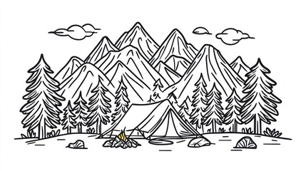 Simple line drawing of a campsite nestled in mountains
