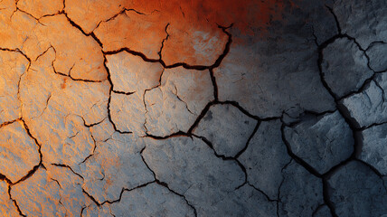 Fototapeta premium Cracked earth patterns from above with warm tones and fractal shapes, abstract nature theme, sunset lighting