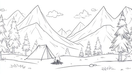 Simple line drawing of a campsite in mountains