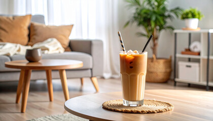 Hot chocolate drinks with whipped cream, cinnamon, and nuts in a glass mug