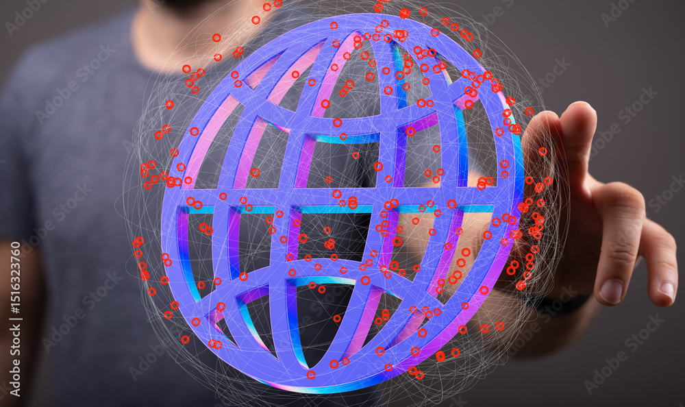 Aufkleber person interacts with a digital globe, representing global networking and data connections.