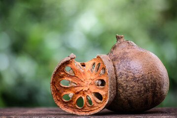 ฺFresh beal fruit and dried slice on natural background.