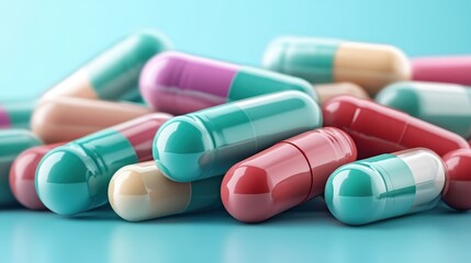 A collection of various colorful capsules lies on a turquoise background, highlighting the diversity of medication and the impact of pharmaceuticals on health and wellness.