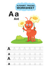Illustration Isolated Animal Alphabet Tracing Worksheet  Letter A-Ant